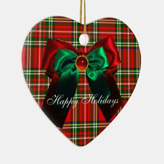 スコットランドのタータンチェックと赤い緑のクリスマス弓ハート セラミックオーナメント (右)