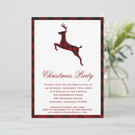 スコットランドのタータンチェックのトナカイ|のクリスマス・パーティ 招待状 (スタンド正面)