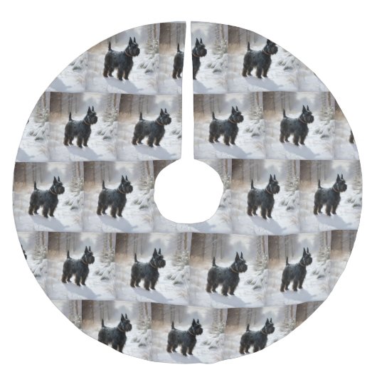 スコットランドのテリアが雪のクリスマスを過ごした ブラッシュドポリエステルツリースカート (正面)