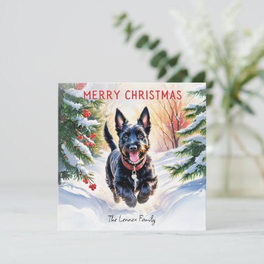 スコットランドのテリア犬で雪のクリスマス シーズンカード (スタンド正面)