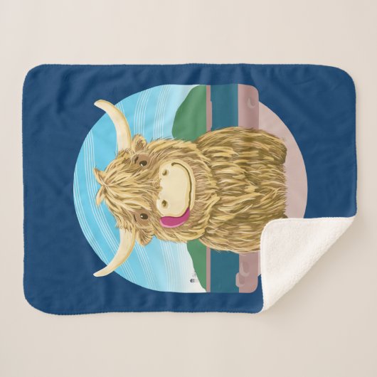 スコットランドのハイランドの牛、ビーチで冷たい シェルパブランケット (正面(横))