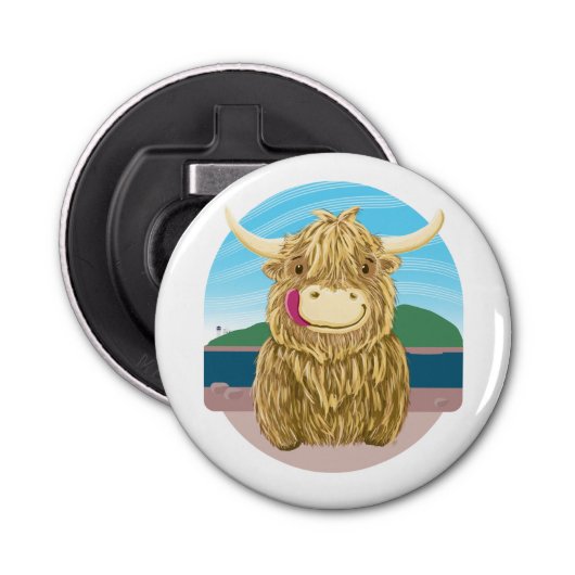 スコットランドのハイランドの牛、ビーチで冷たい 栓抜き (正面)