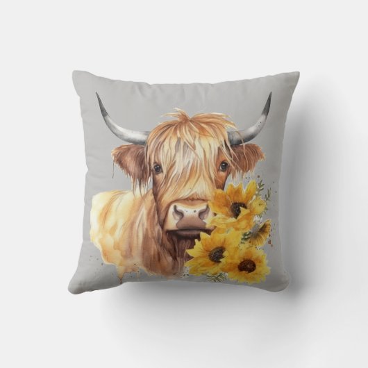 スコットランドのハイランド牛のひまわり付き。編集可能 クッション (裏面)