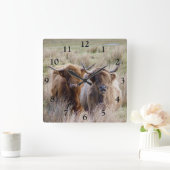 スコットランドのハイランド牛 スクエア壁時計 (ホーム)