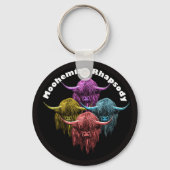 スコットランドのハイランド牛。モヘミアンラプソディ キーホルダー (正面)