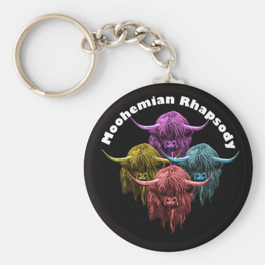 スコットランドのハイランド牛。モヘミアンラプソディ キーホルダー (正面)