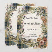 スコットランドのバラ タータン ハート Save The Date カード (正面/裏面)