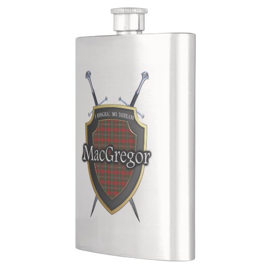 スコットランドの一族のMacGregorのタータンチェックの盾および剣 フラスク (左)