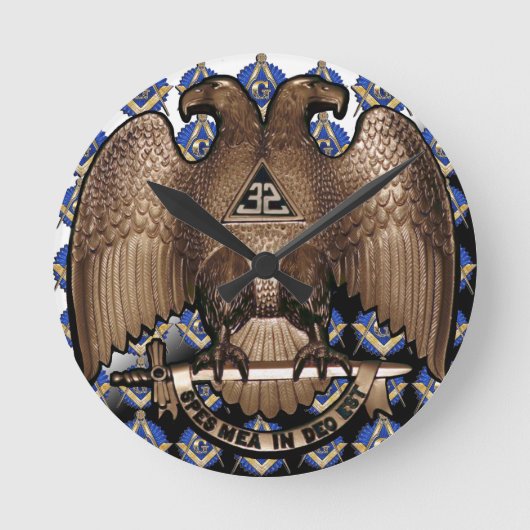 スコットランドの儀式の正方形及びコンパスの白黒Diagona ラウンド壁時計 (正面)