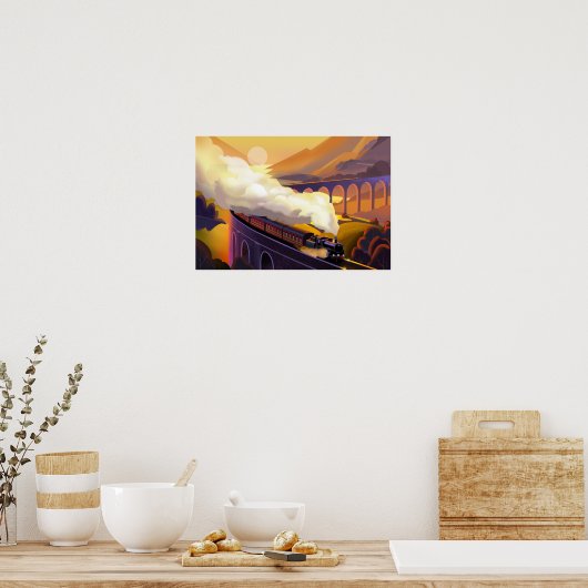 スコットランドの橋の上に蒸気列車の旅行。 ポスター (キッチン)