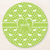 スコットランドの白いテリア（スコットランド犬）ライムグリーン ラウンドペーパーコースター (正面)
