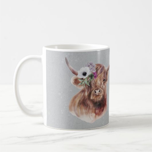 スコットランドの茶色の高地の牛のパーソナライズされた花 コーヒーマグカップ (左)