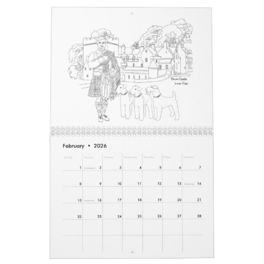 スコットランドの高地人、城と犬 カレンダー (2月 2026)