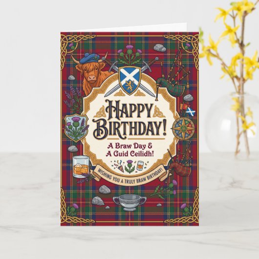 スコットランドタータンの誕生日 カード (黄色い花)