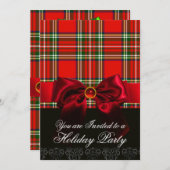 スコットランドタータンチェックと赤グリーン弓クリスマスパーティー 招待状 (正面/裏面)