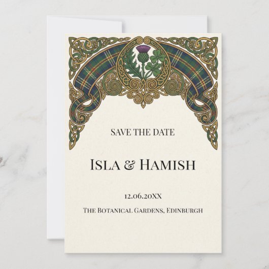 スコットランドタータンチェックの結婚式延期案内カード セーブザデート (正面)