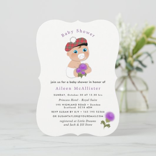 スコットランドタータンチェック |アザラシの花かわいい赤ちゃんシャワー 招待状 (スタンド正面)