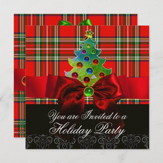 スコットランドタータンチェック、赤い緑の弓とクリスマスツリー 招待状 (正面/裏面)