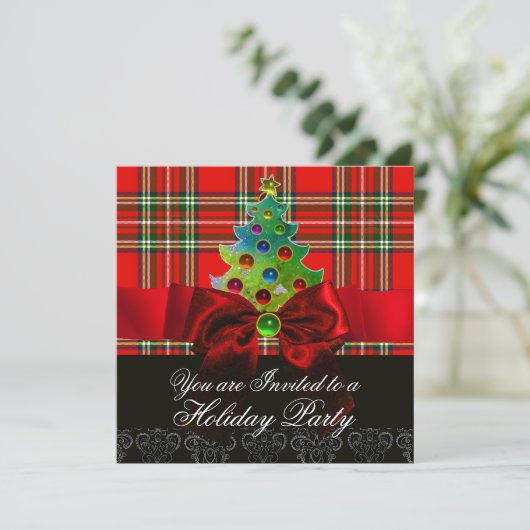 スコットランドタータンチェック、赤い緑の弓とクリスマスツリー 招待状 (スタンド正面)
