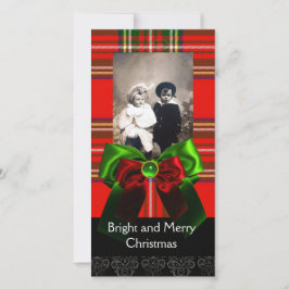 スコットランドタータンチェック、赤い緑の弓クリスマス写真テンプレート シーズンカード