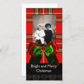 スコットランドタータンチェック、赤い緑の弓クリスマス写真テンプレート シーズンカード (正面/裏面)