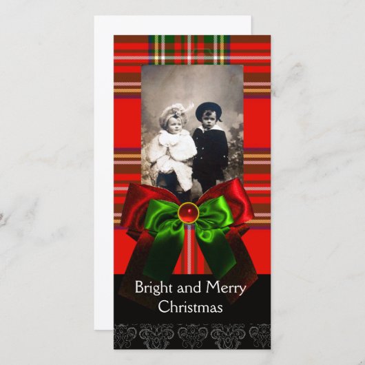 スコットランドタータンチェック、赤い緑の弓クリスマス写真テンプレート シーズンカード (正面/裏面)