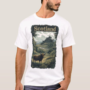 スコットランドデザイン:ハイランド牛、城、景色 Tシャツ