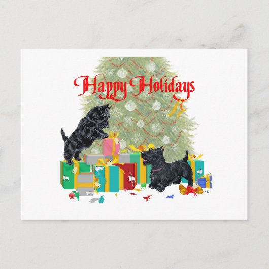 スコットランド人がクリスマスプレゼントを並べ替える シーズンポストカード (正面)