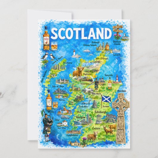 スコットランド水彩画イラスト地図ポストカード 招待状 (正面)