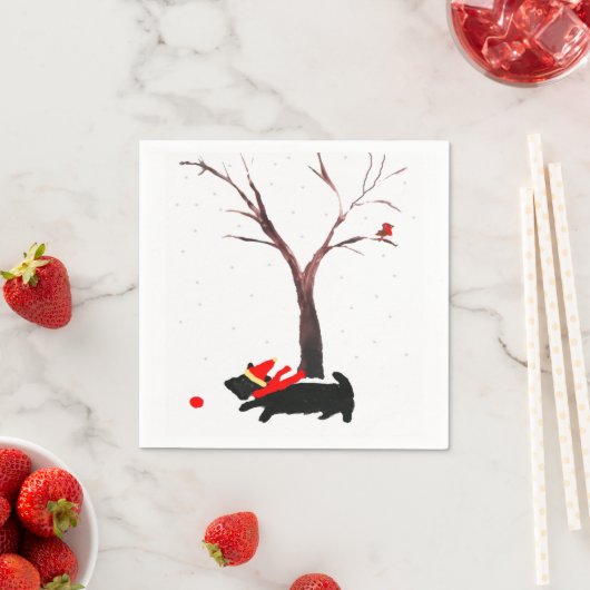 スコットランド犬とロビンのクリスマスアート スタンダードカクテルナプキン (インサイチュ)