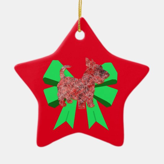 スコットランド犬シルエットグリーンボウクリスマスセラミック セラミックオーナメント (正面)