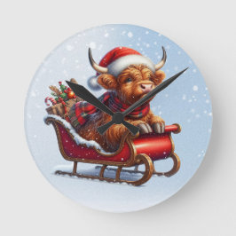 スコットランド高地サンタ牛の群れ ラウンド壁時計