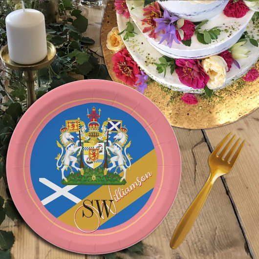 スコットランド&モノグラム、スコットランド国旗/レディーピンク ペーパープレート