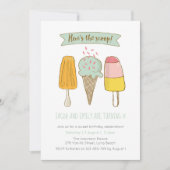 スコップのアイスクリームの誕生日の招待はここにあります 招待状 (正面)