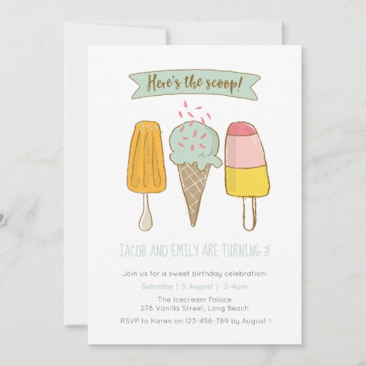 スコップのアイスクリームの誕生日の招待はここにあります 招待状 (正面)