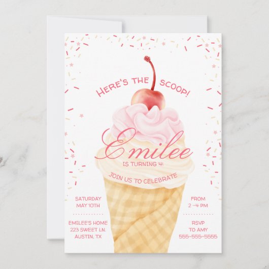 スコップアイスクリームコーン夏誕生日 招待状 (正面)