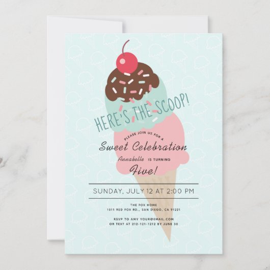 スコップアイスクリームミントグリーン誕生日 招待状 (正面)