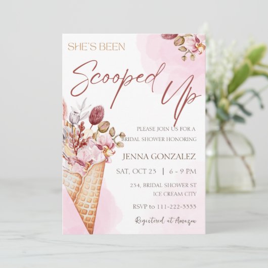 スコップアップバーガンディーピンクアイスクリームブライダルシャワー 招待状 (スタンド正面)