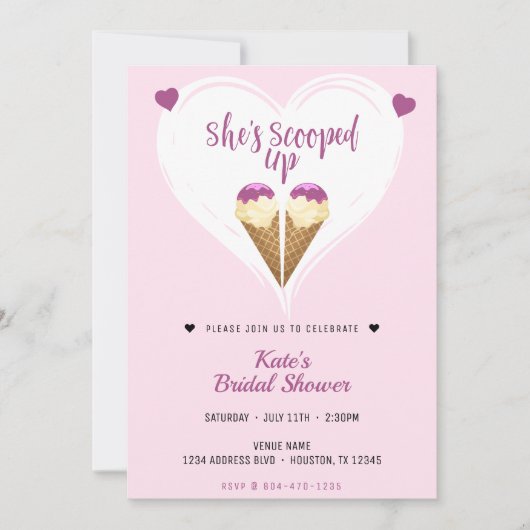 スコップアップピンクアイスクリームハートブライダルシャワー 招待状 (正面)