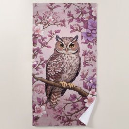 スコップエレガントフクロウパープルフローラ ビーチタオル