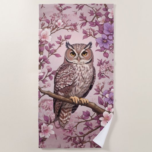 スコップエレガントフクロウパープルフローラ ビーチタオル (正面)