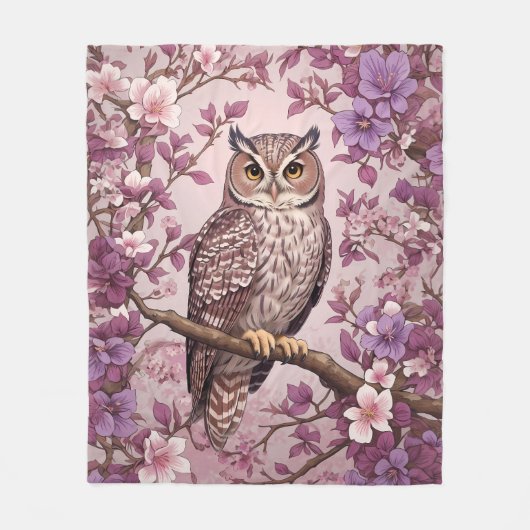 スコップエレガントフクロウパープルフローラ フリースブランケット (正面)