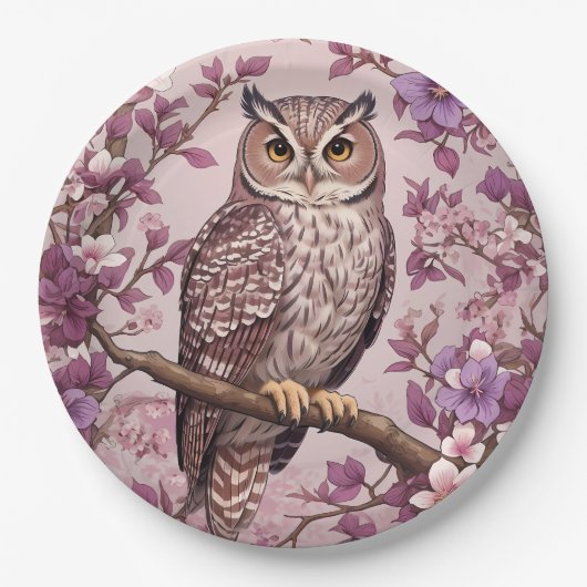 スコップエレガントフクロウパープルフローラ ペーパープレート (正面)