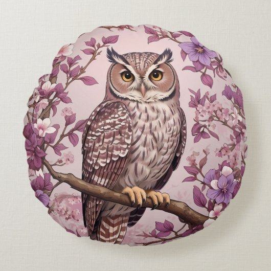 スコップエレガントフクロウパープルフローラ ラウンドクッション (正面)