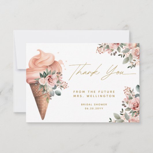 スコップドアイスクリームピンクフローラブライダルシャワー サンキューカード (正面)