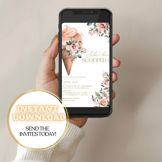 スコップドアイスクリームピンクフローラブライダルシャワー 招待状