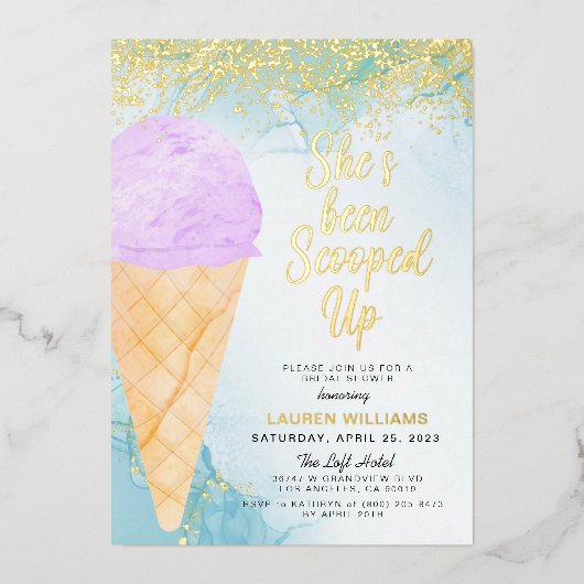 スコップドアイスクリームブライダルシャワー 箔招待状 (正面)