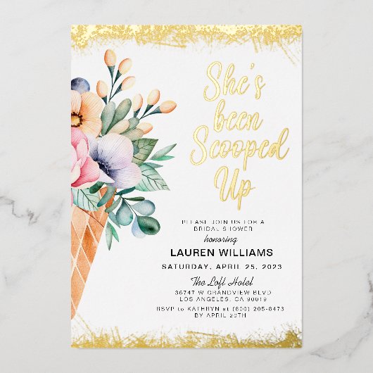 スコップドアイスクリームブライダルシャワー 箔招待状 (正面)