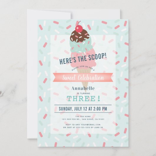 スコップミントグリーンアイスクリーム誕生日 招待状 (正面)