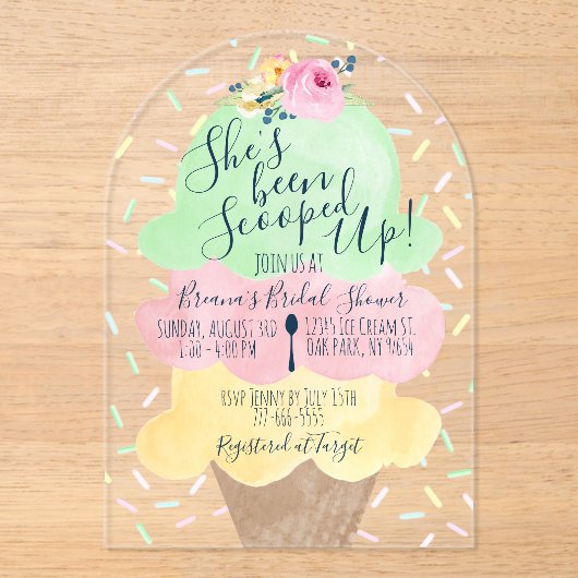 スコッユニークプアップアイスクリームブライダルシャワー アクリル招待状 (正面)